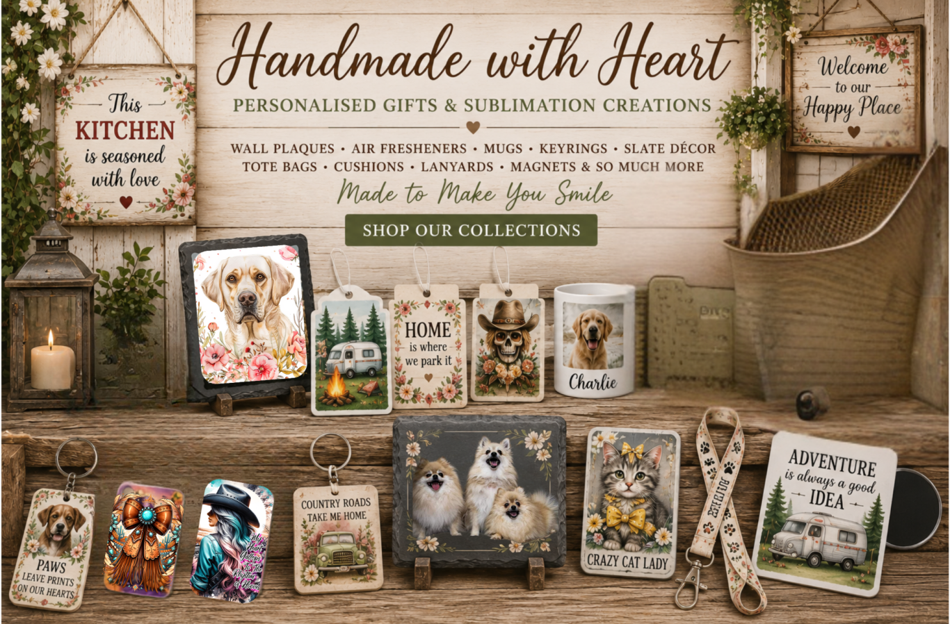 A display of personalised gifts, featuring various animal-themed items and decorative signs.